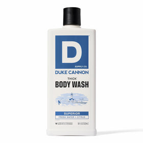 Duke Cannon bottle front view showing Superior scent and packaging benefit