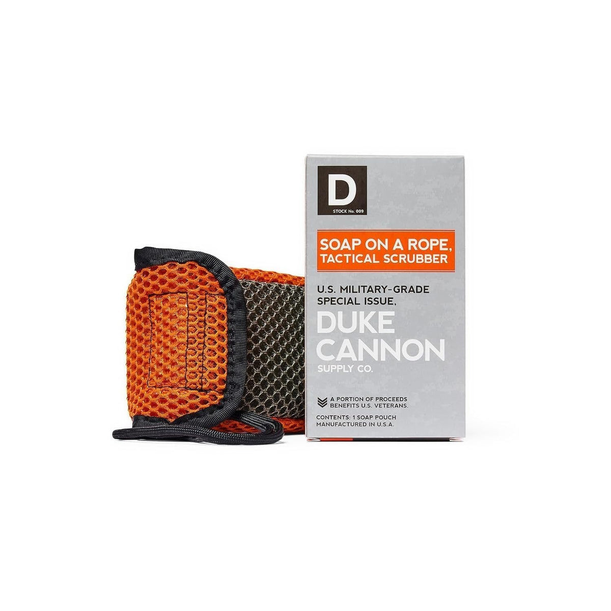 Duke Cannon front view of tactical scrubber pouch showing rugged design and hanging loop