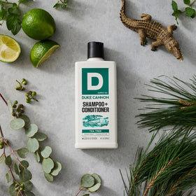 Duke Cannon bottle in shower scene illustrating quick two-in-one convenience benefit