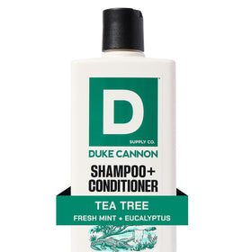 Duke Cannon ingredients label close-up showing tea tree, menthol, shea and argan benefits