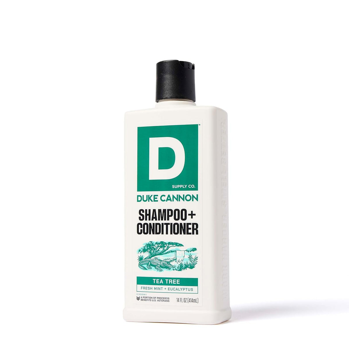 Duke Cannon bottle next to everyday items showing 14 fl oz travel-friendly sizing benefit