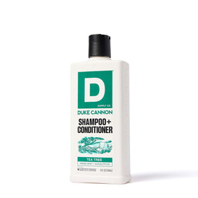 Duke Cannon bottle next to everyday items showing 14 fl oz travel-friendly sizing benefit