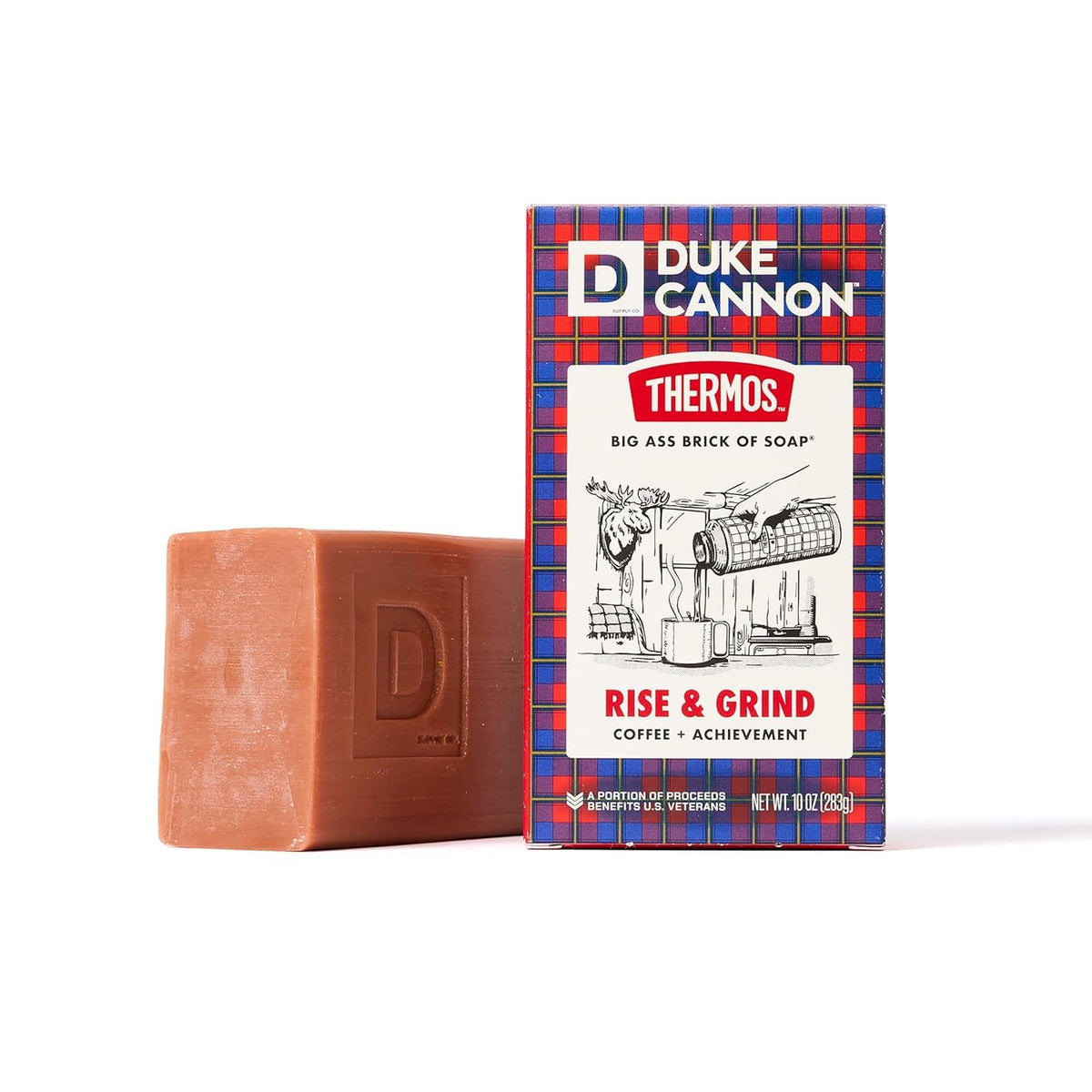 Duke Cannon Thermos front packaging showing bold branding and coffee scent benefit