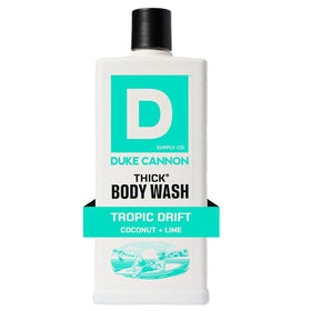 Duke Cannon front bottle view showing label and sturdy 18 fl oz packaging benefit clarity