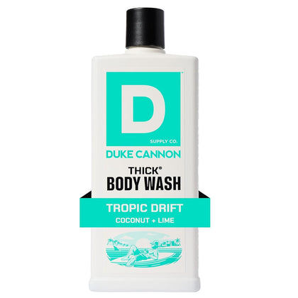 Duke Cannon front bottle view showing label and sturdy 18 fl oz packaging benefit clarity