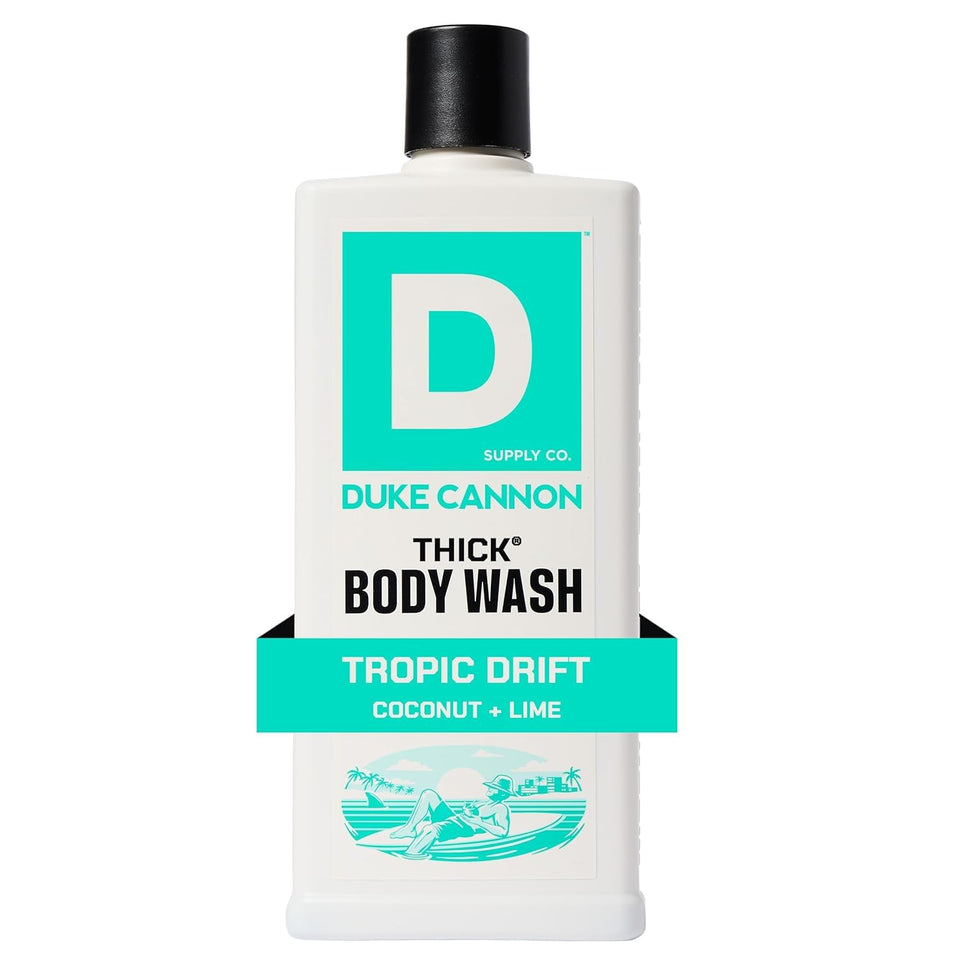 Duke Cannon front bottle view showing label and sturdy 18 fl oz packaging benefit clarity