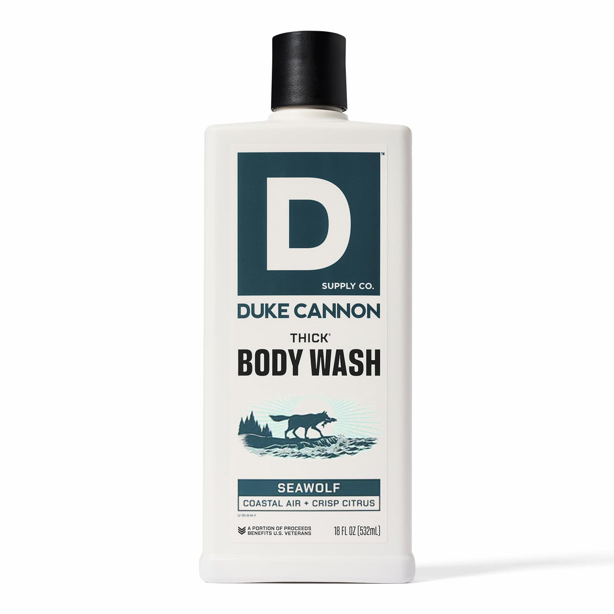 Duke Cannon front label view showing bold Seawolf branding and thick body wash benefit