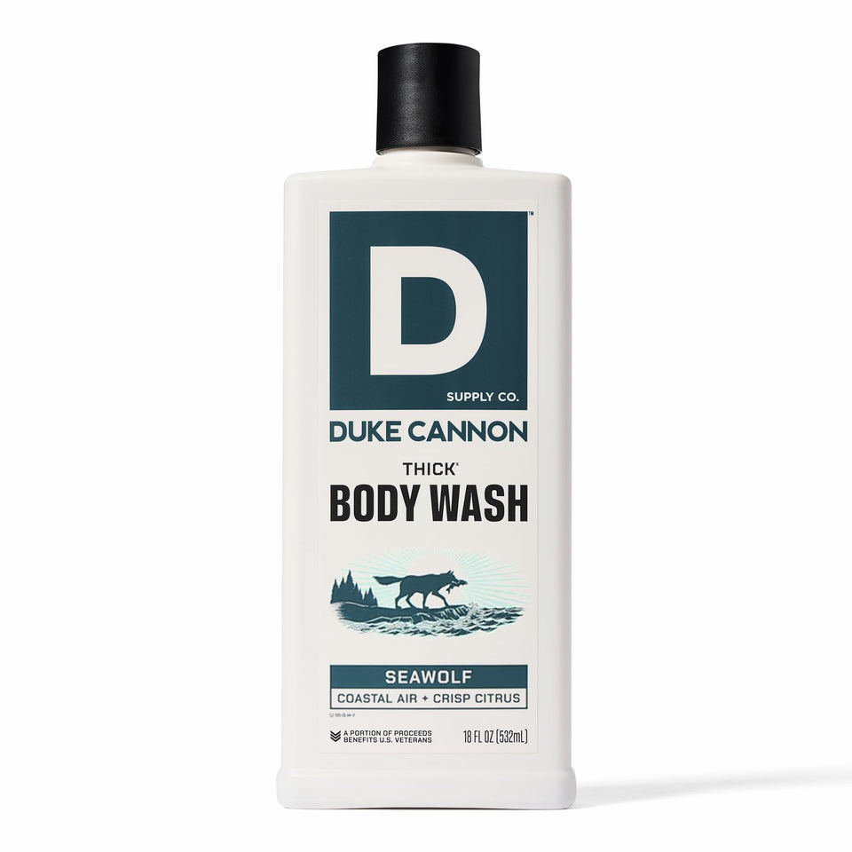 Duke Cannon front label view showing bold Seawolf branding and thick body wash benefit