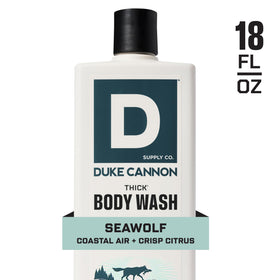 Duke Cannon pump dispensing viscous Seawolf gel, showing concentrated portions and control