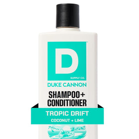 Duke Cannon bottle in shower scene delivering cooling scalp refreshment