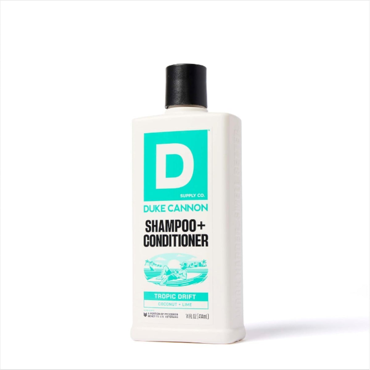 Duke Cannon bottle held by hands showing 14 fl oz size and travel-friendly benefit