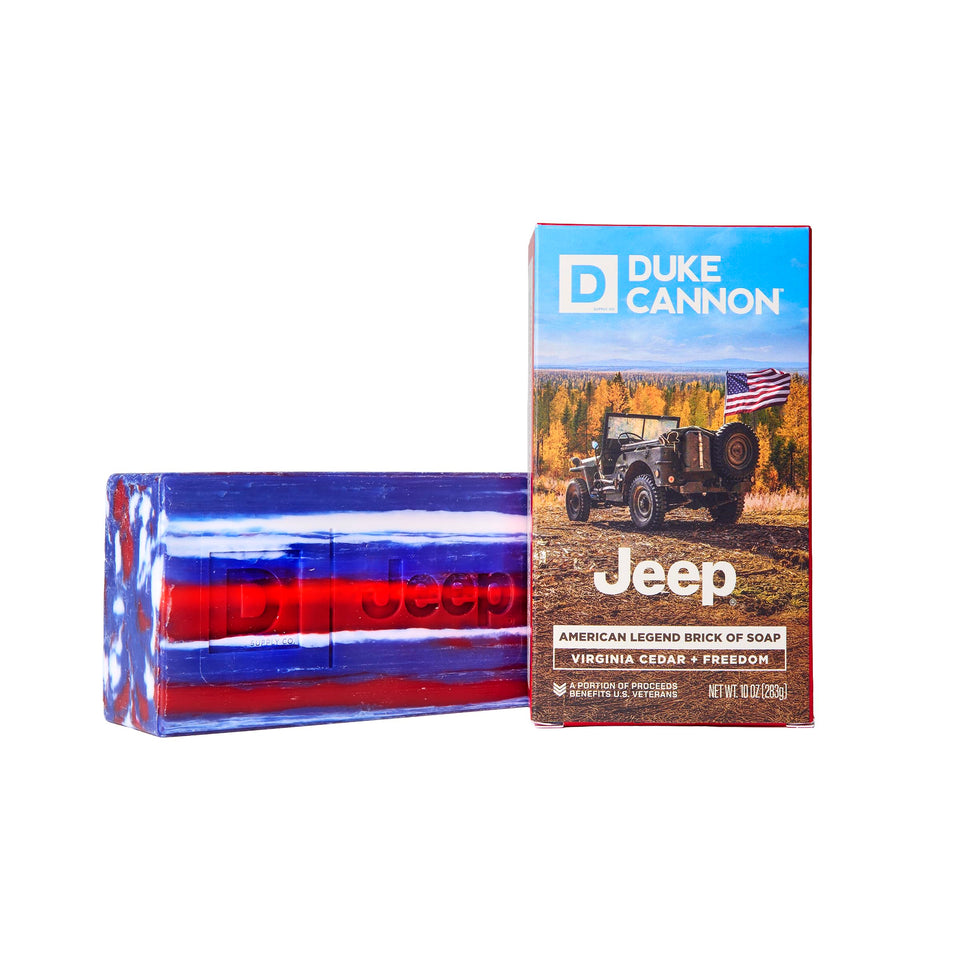 Duke Cannon American Legend Jeep front packaging showing 10 oz cedar bar with bold branding and value