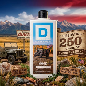 Duke Cannon label close-up highlighting Virginia Cedar scent and rugged branding