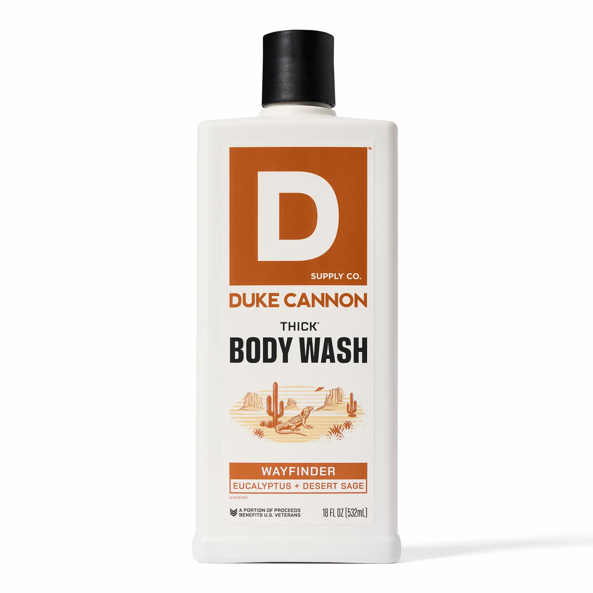 Duke Cannon front packaging showing robust 18 oz bottle and bold label benefit