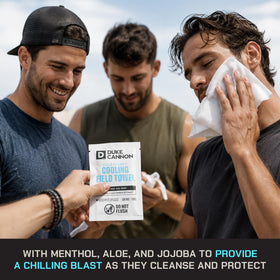 Duke Cannon wipe applied to neck and shoulder after workout for rapid cool-down