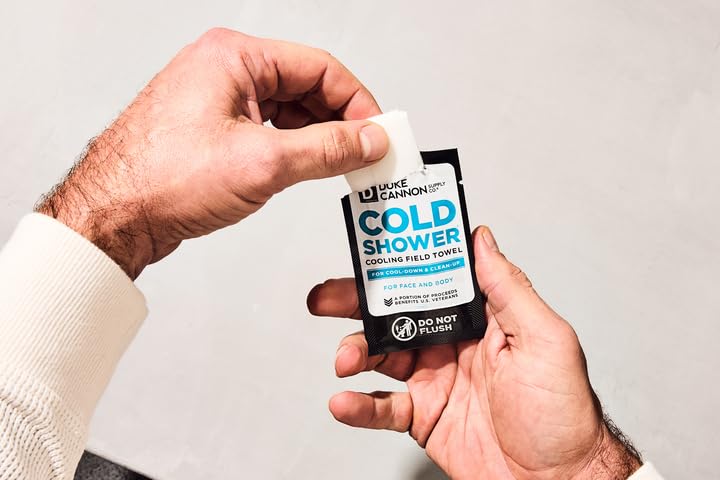 Duke Cannon wipe applied to forehead providing instant cooling comfort