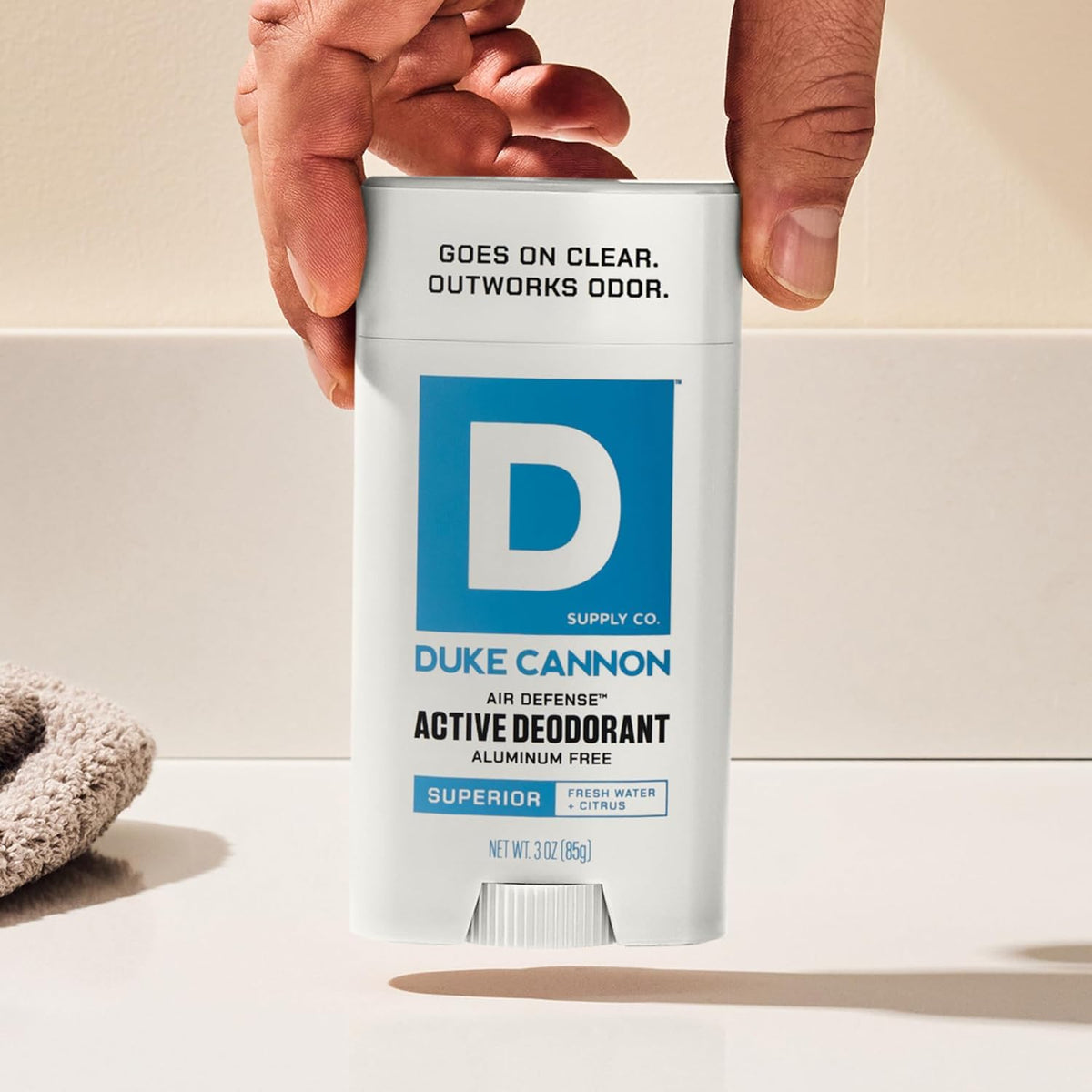 Duke Cannon stick in a gym bag showing portability for active lifestyles
