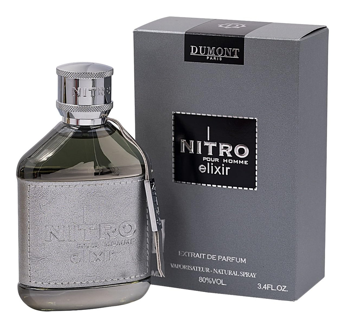 Dumont Nitro Elixir front bottle with chrome cap showing premium presentation and gift appeal