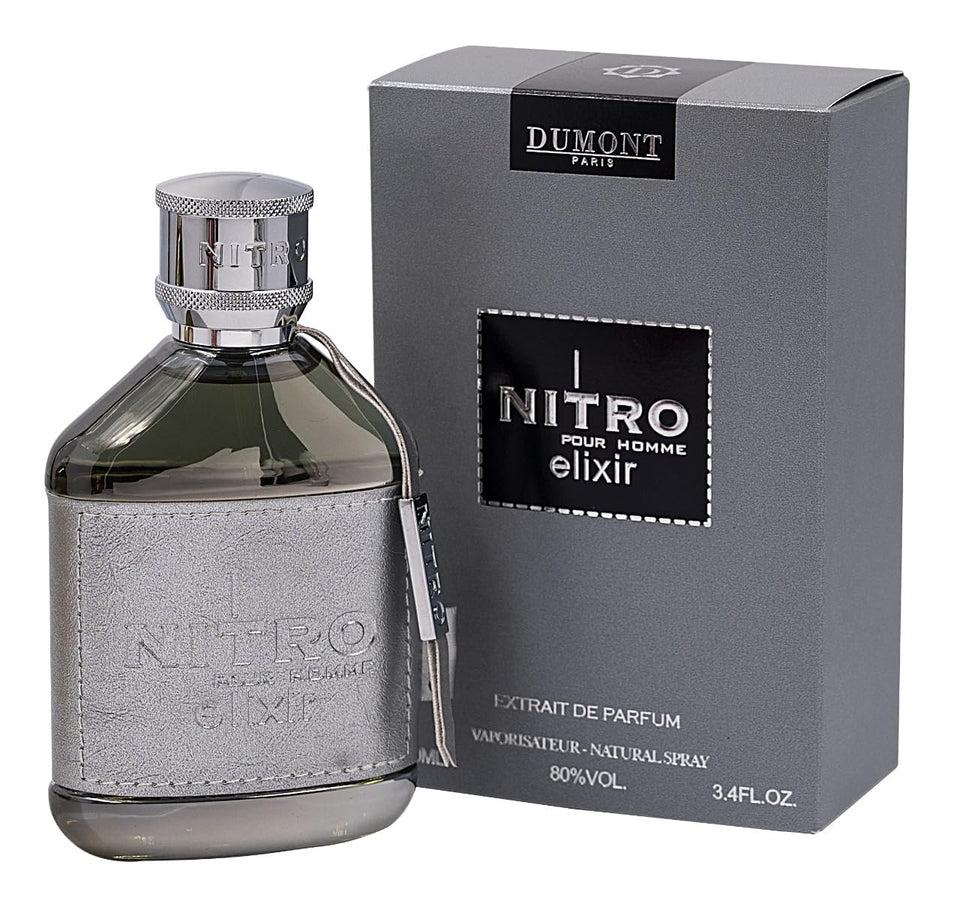Dumont Nitro Elixir front bottle with chrome cap showing premium presentation and gift appeal