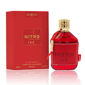 Dumont Nitro Red front bottle shows bold red design and premium look