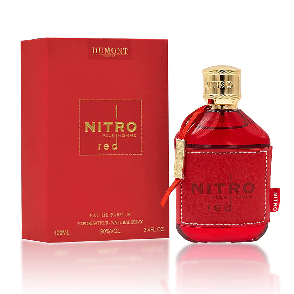 Dumont Nitro Red front bottle shows bold red design and premium look