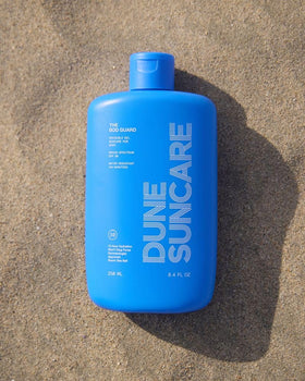 DUNE SUNCARE clear gel texture close-up showing quick absorption benefit
