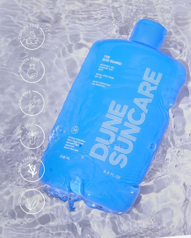 DUNE SUNCARE used at the beach highlighting water resistance and reef friendly formula