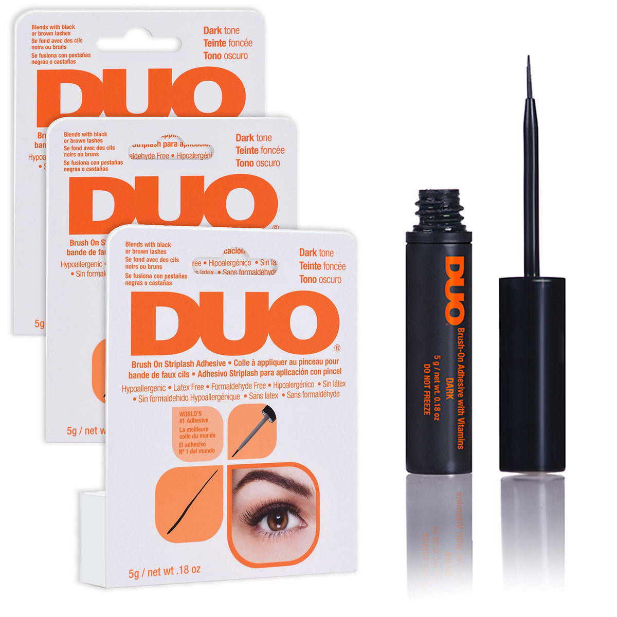 DUO front packaging showing three dark tone glue tubes and product benefit