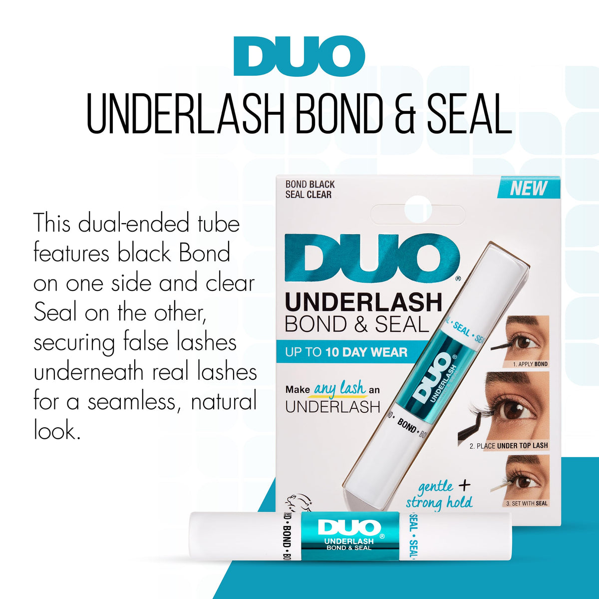 DUO black bond close-up on wand showing pigmented grip for defined lash line