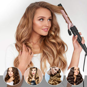 Duomishu curling wand next to hand shows scale for travel-friendly size