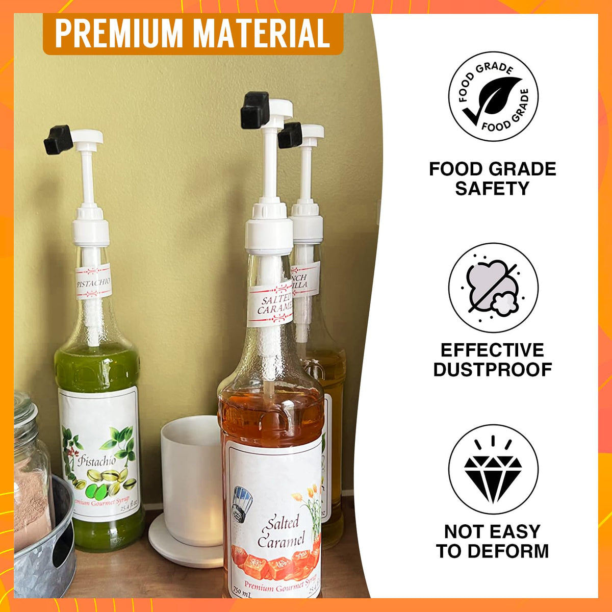 DupakSYS cap fitted on syrup pump demonstrating mess-free pouring benefit