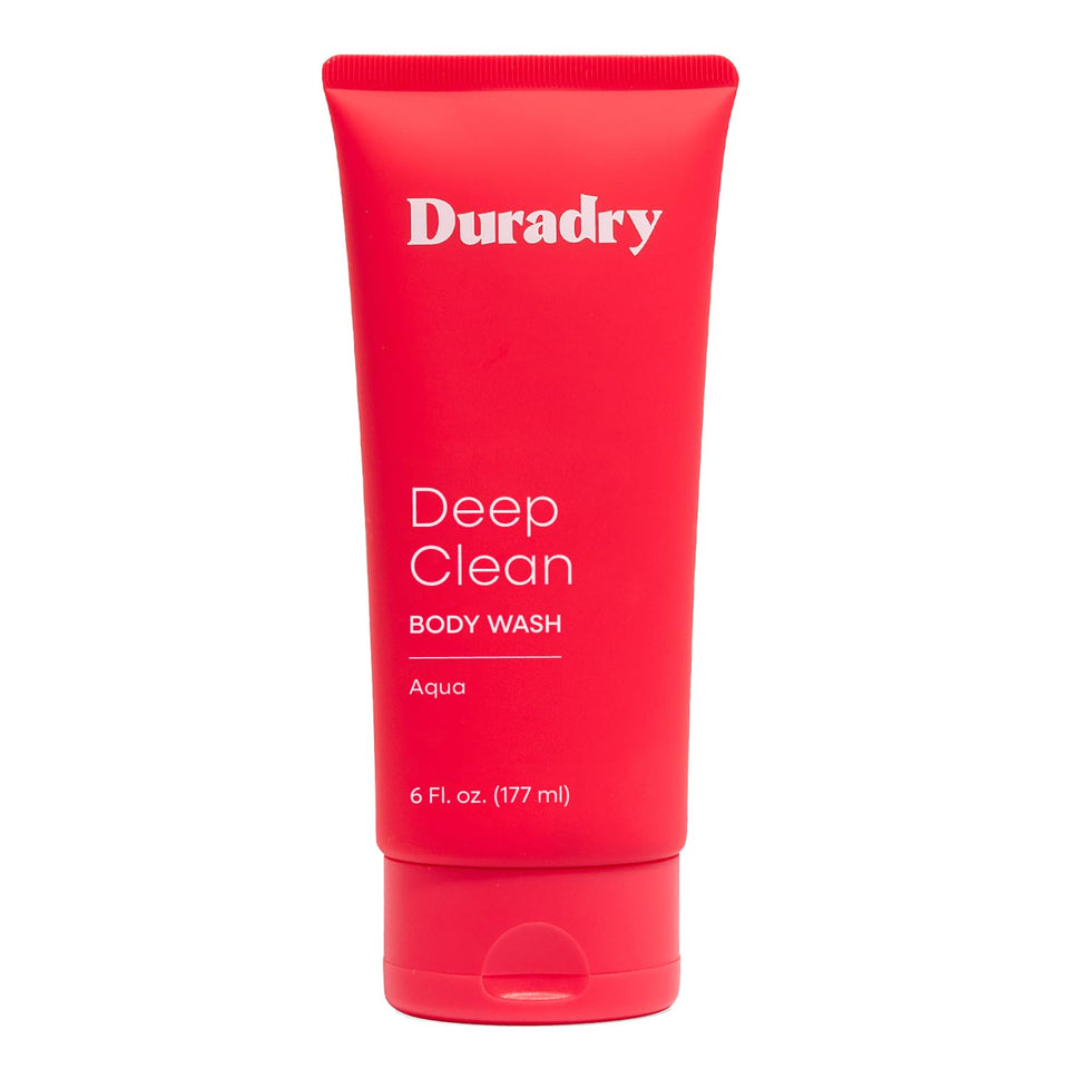 Duradry front packaging showing 6 fl oz bottle and Aqua fragrance for clean scent