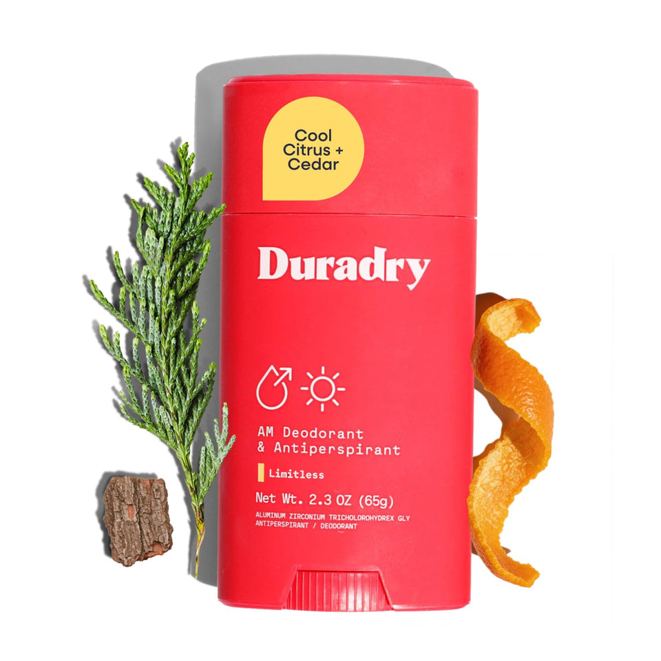 Duradry front packaging showing label and 2.3 oz size for travel convenience