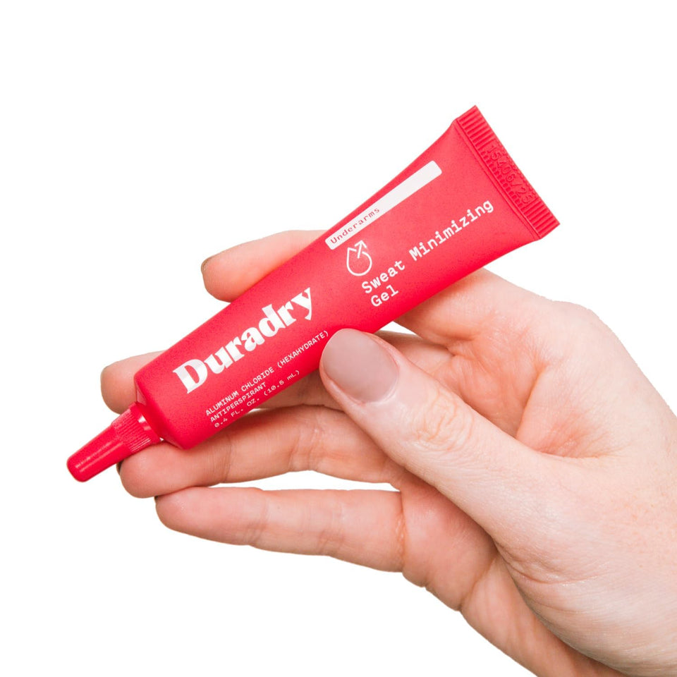 Duradry front tube showing brand and compact size, promotes discreet sweat control