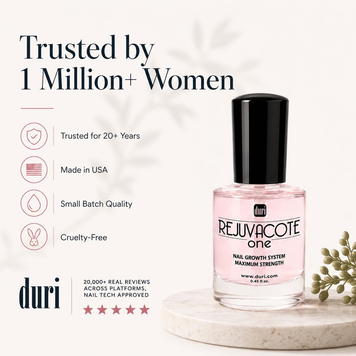 Duri clear finish on nails demonstrating flexible, chip-resistant shine