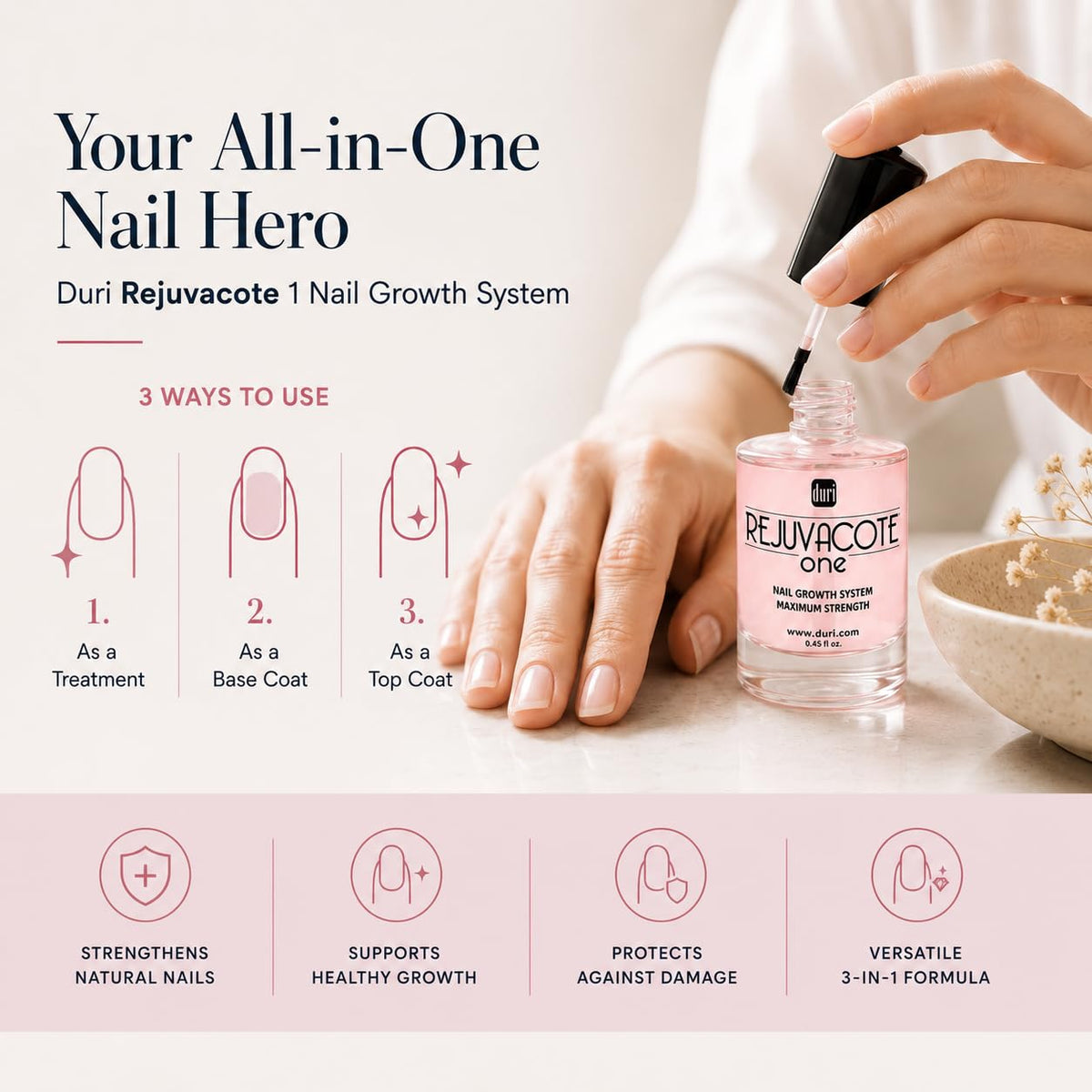 Duri lifestyle hand model showcasing natural long nails after treatment