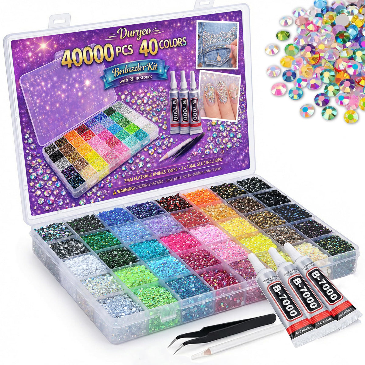 Duryeo front box open showing organized 40-color rhinestones and tools for fast access