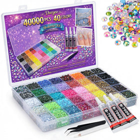 Duryeo front box open showing organized 40-color rhinestones and tools for fast access