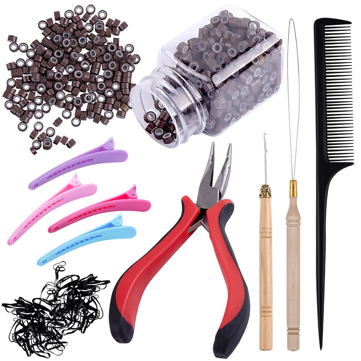 Duufin front packaging of complete hair extension kit showing tools and beads — organized and ready