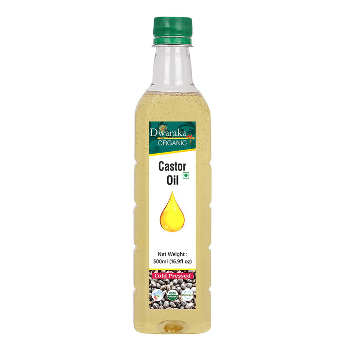 Dwaraka bottle front label showing organic castor oil and size benefits