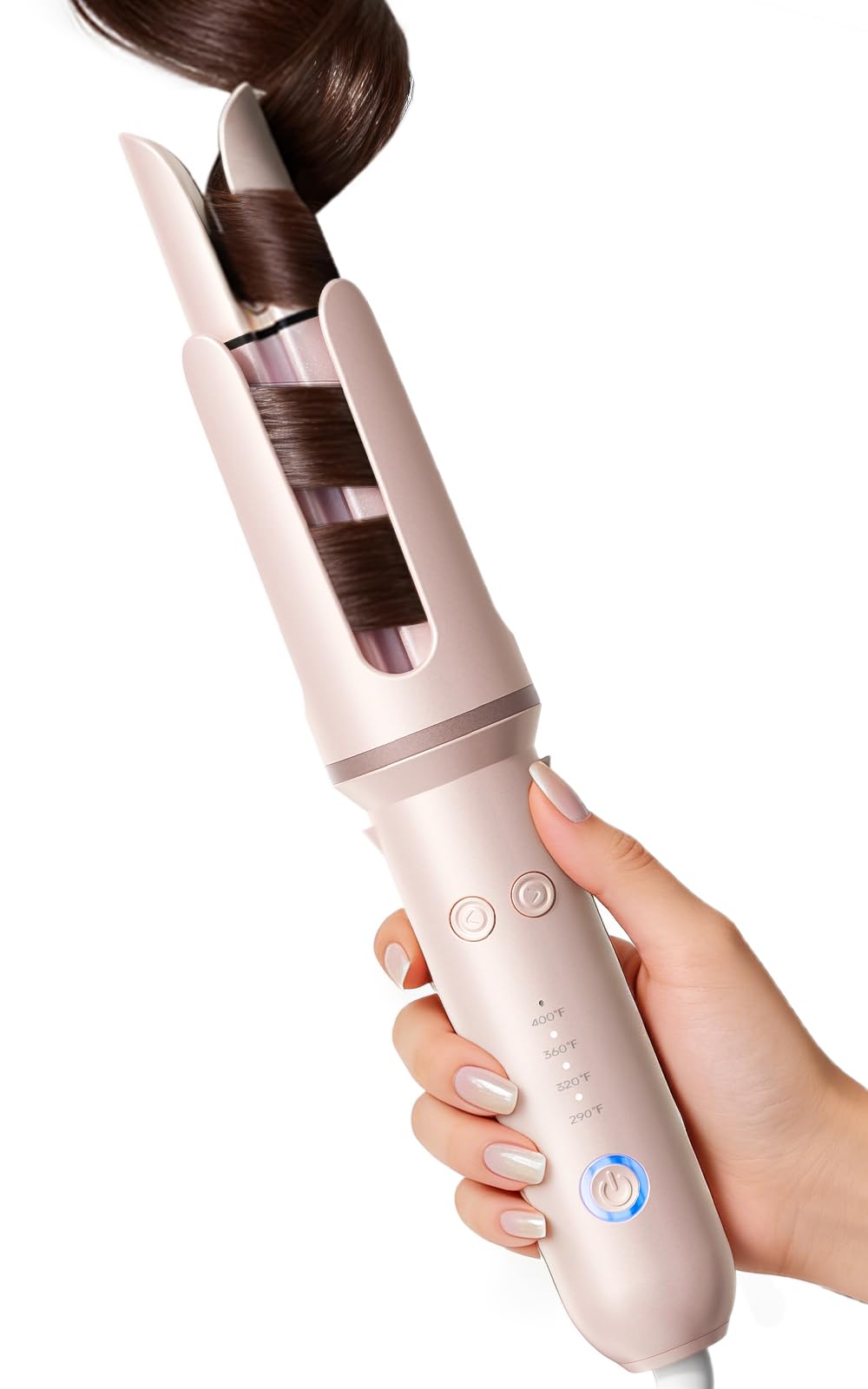 DYHOO front view of pink automatic curling iron showing sleek design and quick styling benefit