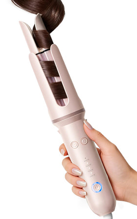 DYHOO front view of pink automatic curling iron showing sleek design and quick styling benefit