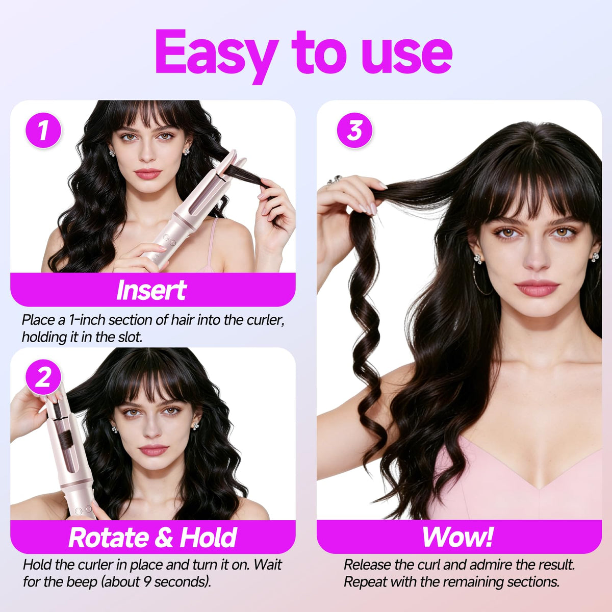 DYHOO rotating barrel in action demonstrating anti-tangle rotation for effortless curls