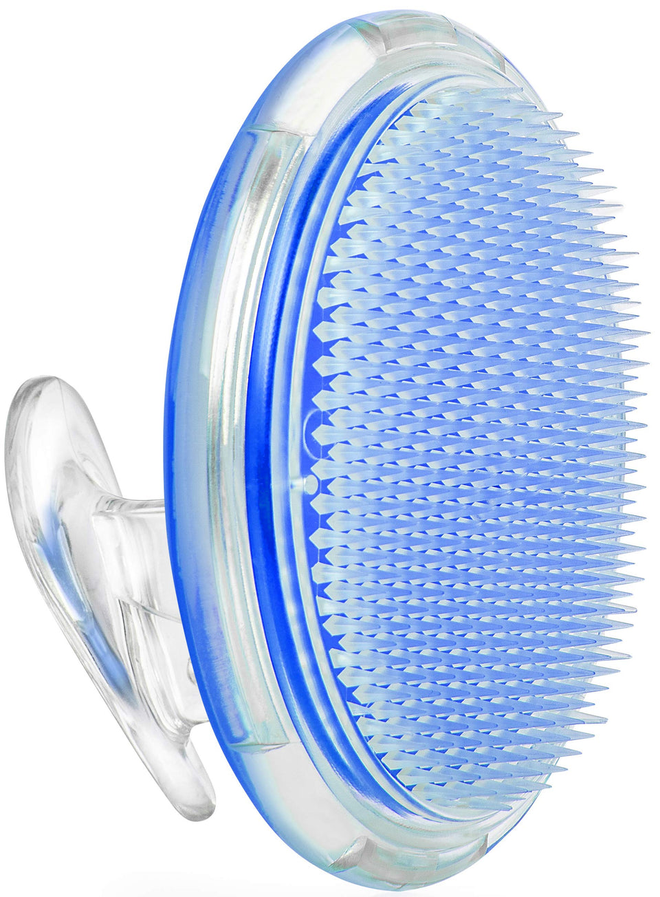Dylonic front view of exfoliator brush showing shape and compact grip for easy handling
