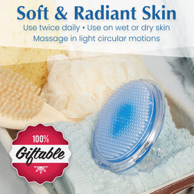Dylonic scrub brush in shower on leg prepping skin before shaving to reduce bumps
