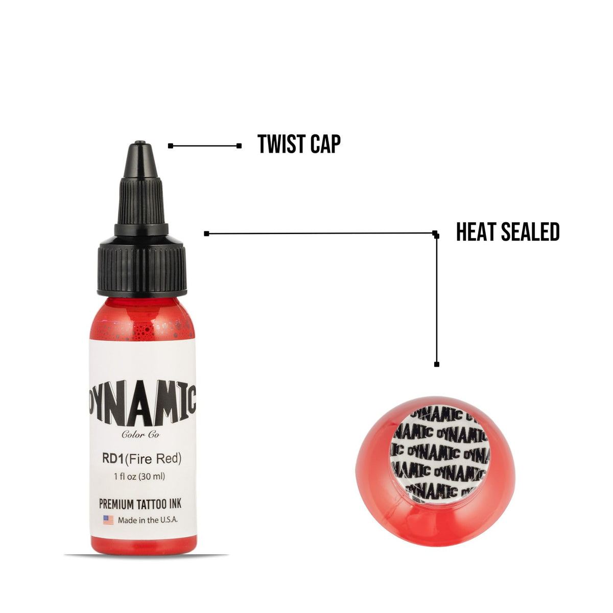 Dynamic Color Fire Red bottle next to ruler for size and quantity clarity