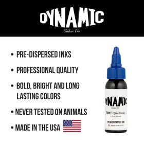 Dynamic Color Triple Black next to a ruler for 1 oz scale, clarifies bottle size for artists