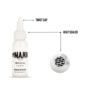 Dynamic Color White bottle with ruler for scale, shows 1 oz size ideal for pro studio use