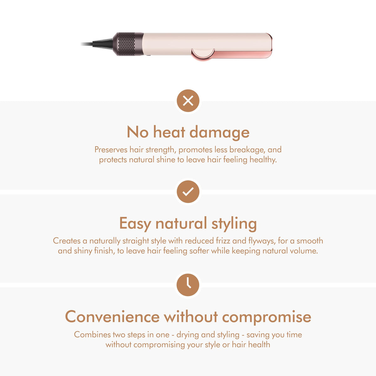 Dyson Airstrait on hair showing texture smoothed and enhanced shine