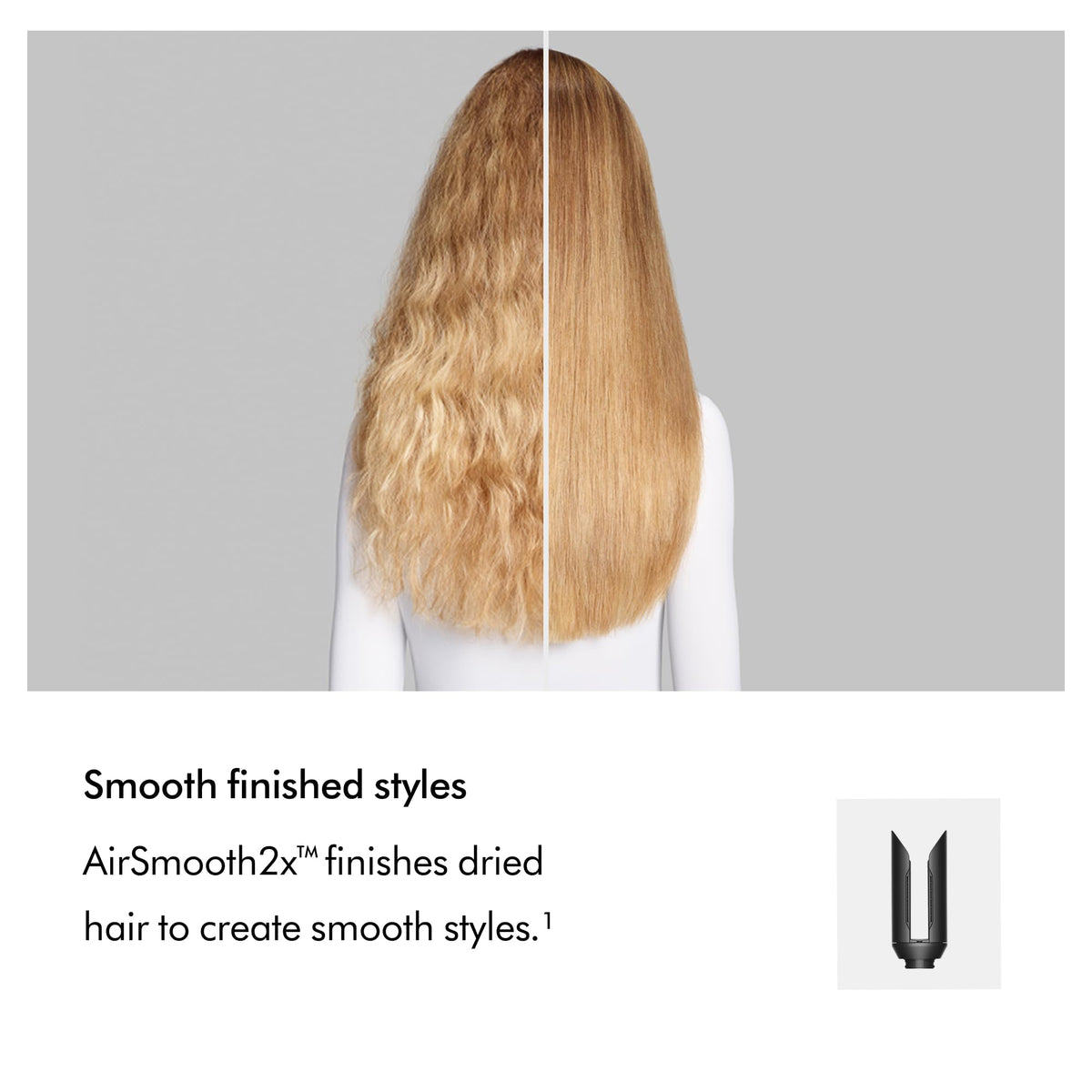 Dyson Airwrap AirSmooth2x attachment detail highlighting smoother, frizz‑reduced finishes